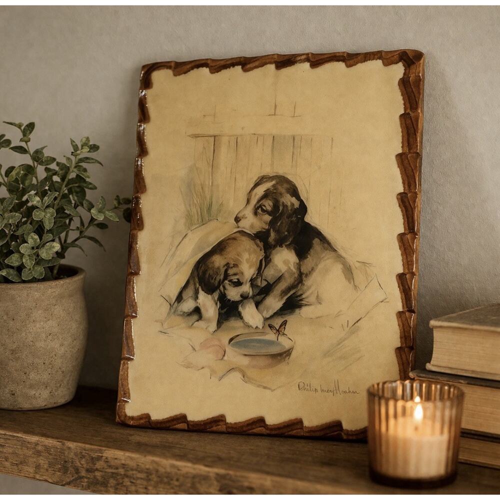 Vtg Paul Whitney Hunter Puppies Sweet Beautiful Comforting Wooden Plaque